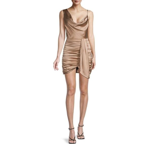New Lavish Alice | Satin Cowl Neck Gathered Minidress in Bronze - Picture 14 of 14